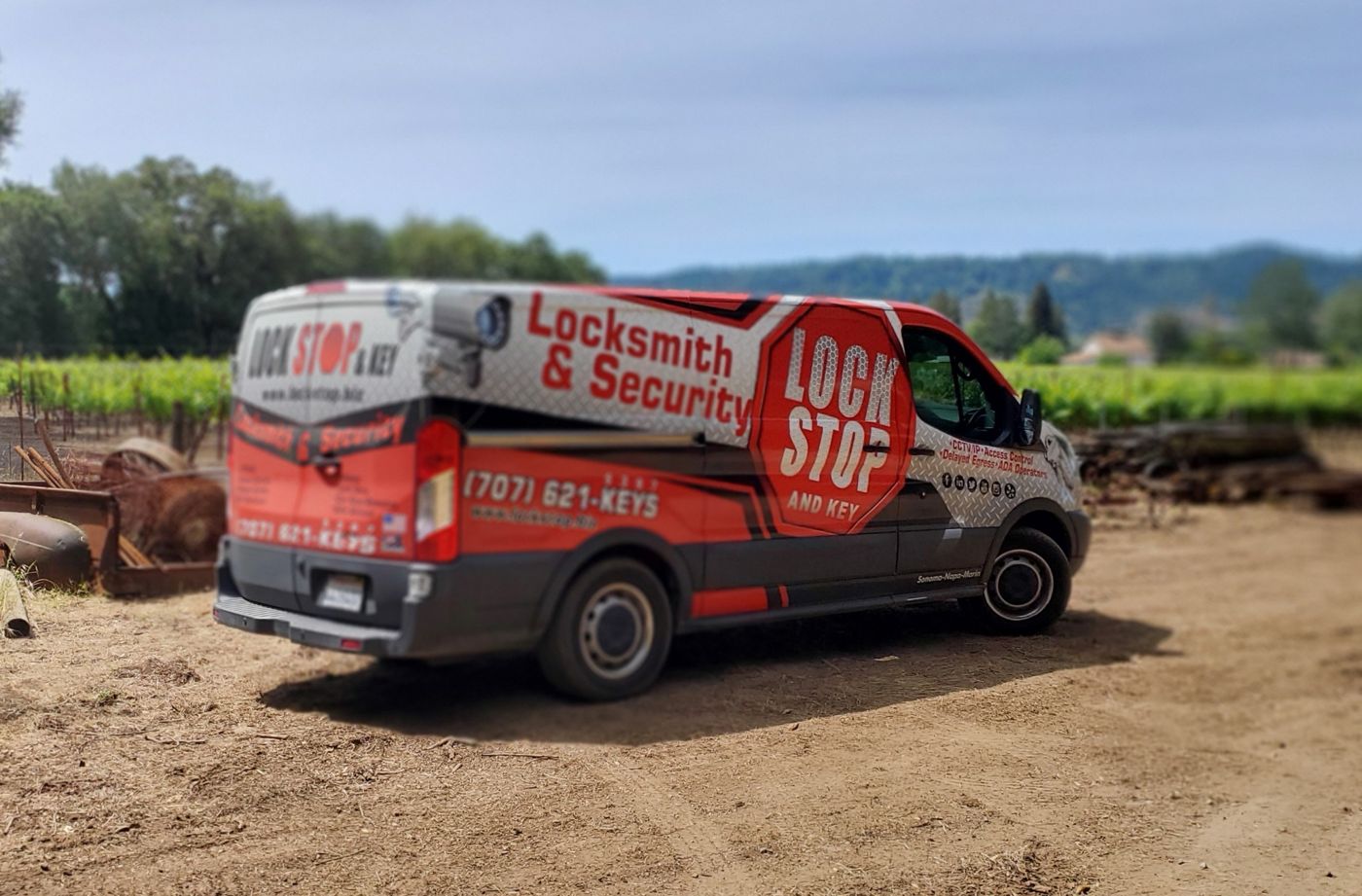 Lock Stop and Key service van parked in Sonoma County vineyard country
